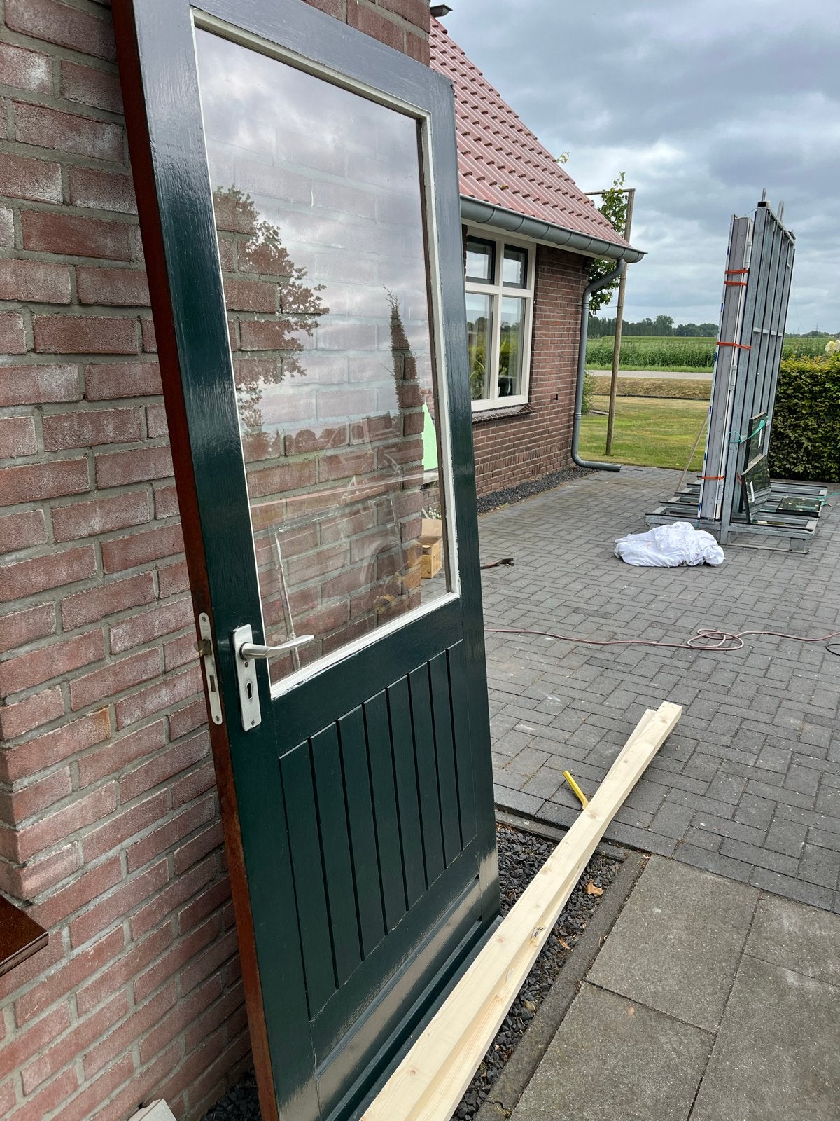 Houten voordeur met glas - Donkergroen, Ophalen, Gebruikt, 80 tot 100 cm, Buitendeur