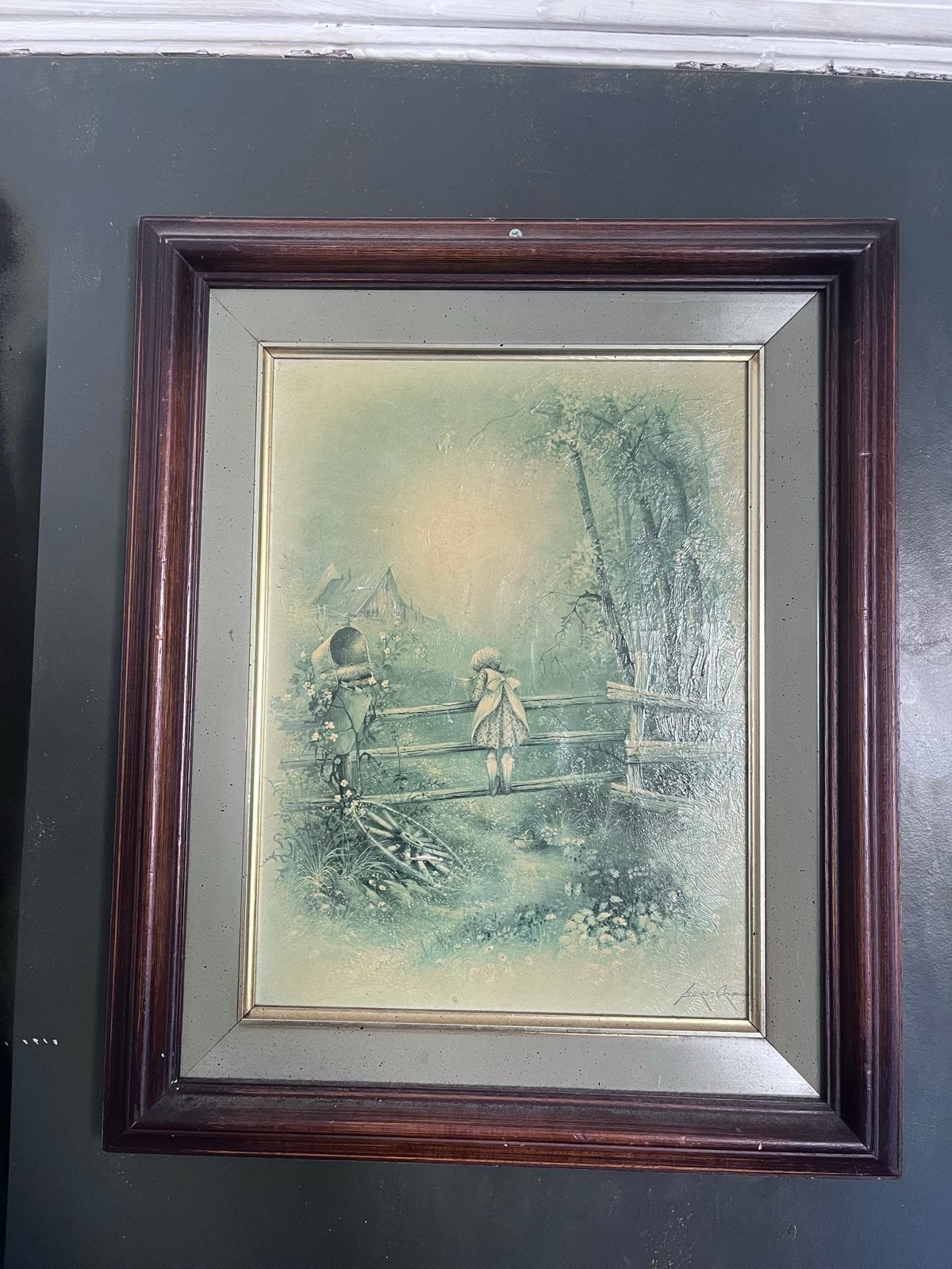 Vintage schilderij: Kind bij hek in landschap, Antiek en Kunst, Kunst | Schilderijen | Klassiek, Ophalen, Landschap, Print, Papier