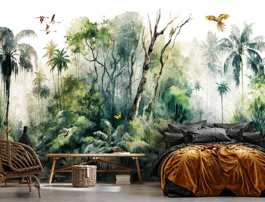 Aquarel Jungle behang Regenwoud, vogels, Muurdeco4kids, Verzenden, Fotobehang