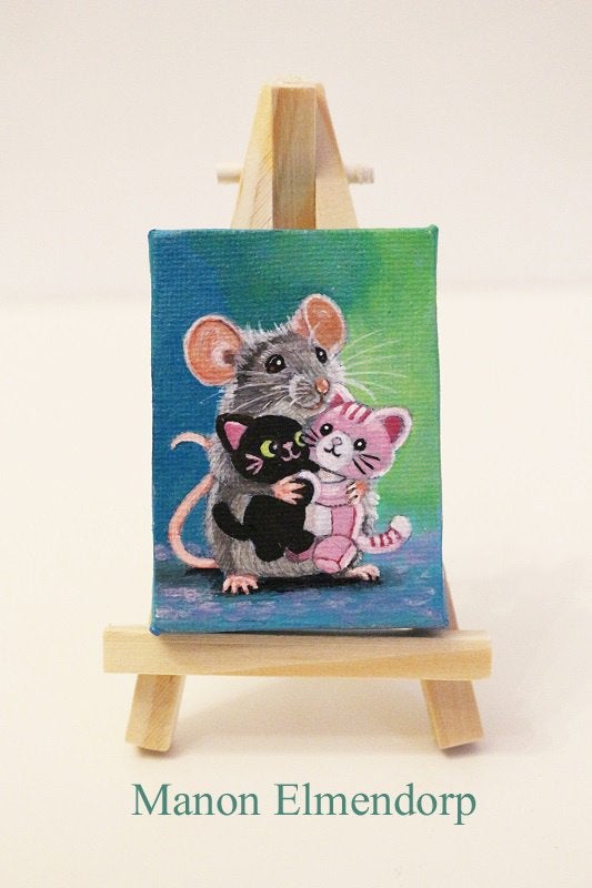 Uniek Handgeschilderd Schilderijtje Muisje Gesigneerd, Ophalen of Verzenden, Gelakt/vernis, Acrylverf, Dieren