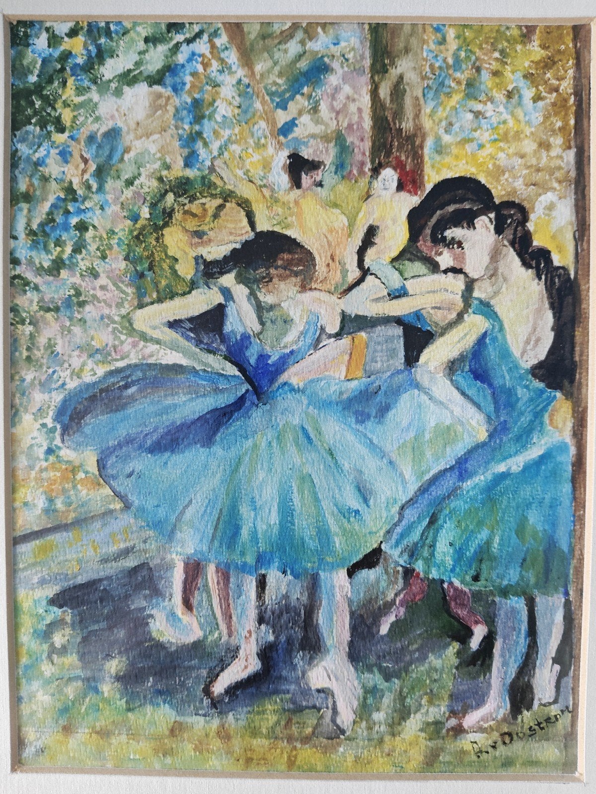 Schilderij van danseressen in blauwe tutu's, gesigneerd, Ophalen of Verzenden