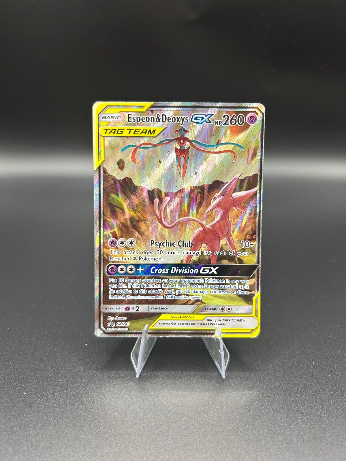 Espeon & Deoxys GX TAG TEAM Pokémon kaart (LP conditie), Ophalen of Verzenden, Gebruikt, Losse kaart, Foil