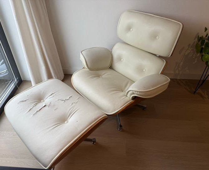Lounge chair met hocker (ottoman), Ophalen, Gebruikt, Hout, 75 tot 100 cm