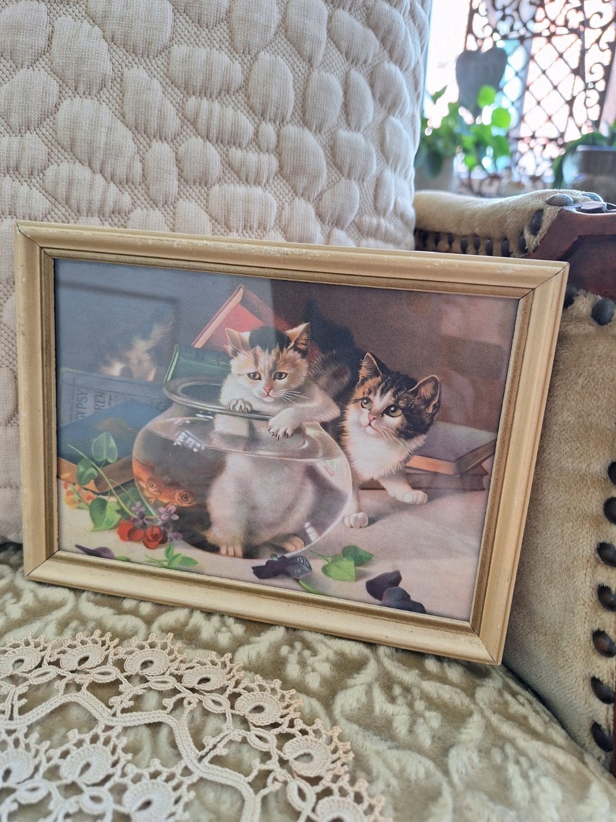 Oud Schilderij Prent Poezen Poes ** Mimosa **, Antiek en Kunst, Ophalen of Verzenden