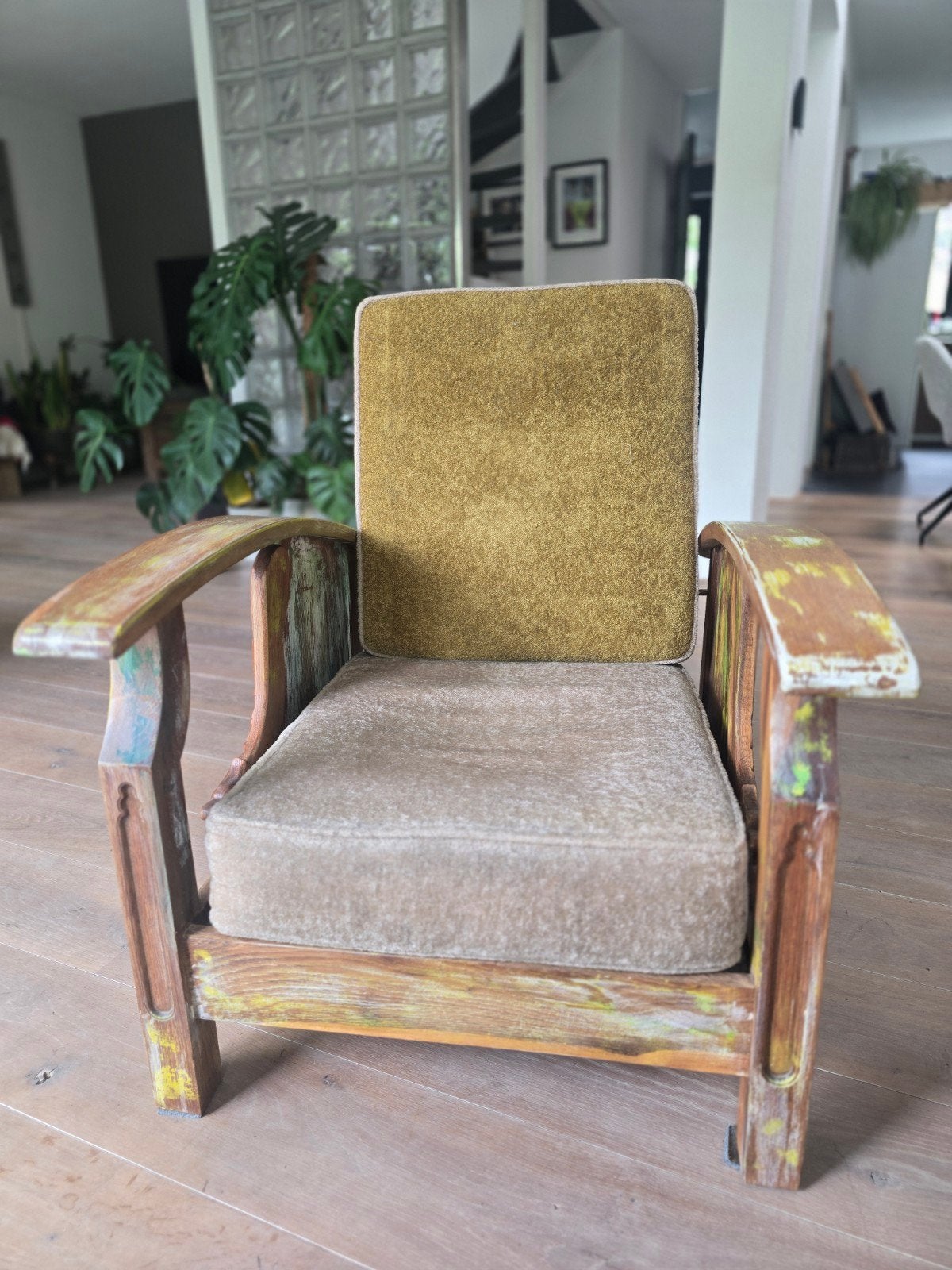 Mooie Rokers stoel fauteuil hout met stof, Ophalen of Verzenden