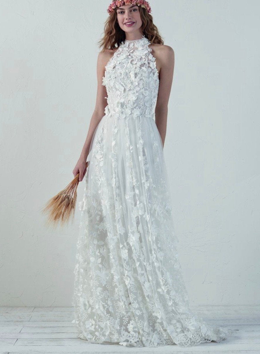Pronovias trouwjurk Edna maat 36 38 3d bloemen kant halter, Ophalen of Verzenden, Zo goed als nieuw, Wit, Trouwjurk