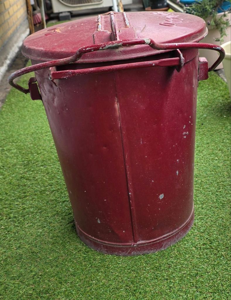 Zinken Vintage rode Aschbak/vuilnisbak/afvalemmer met deksel, Antiek en Kunst, Ophalen of Verzenden