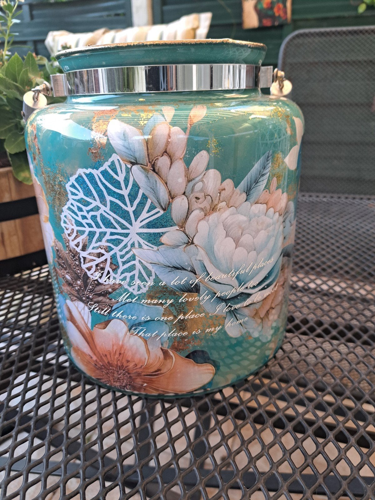 Decoratieve vaas/windlicht met bloemen en touw, Gebruikt, Meerkleurig, Ophalen of Verzenden, Glas