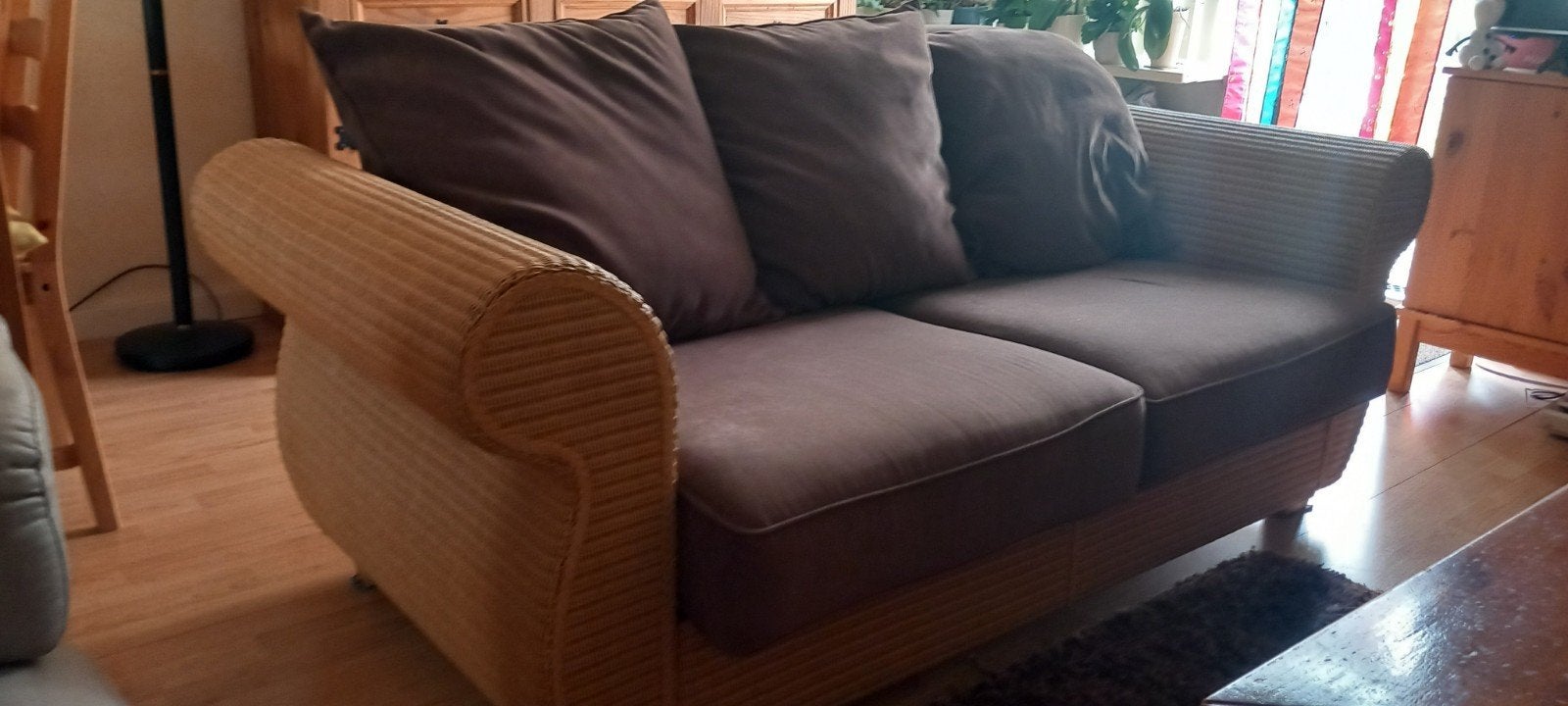Rieten 2 1/2 zits bankje met  bruine kussens, Ophalen, Gebruikt, 150 tot 200 cm, Tweepersoons