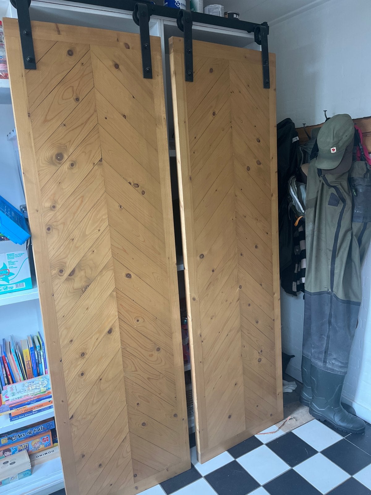 Grenen schuifdeuren met ophangsysteem - 203x60 cm, Doe-het-zelf en Verbouw, Ophalen, Gebruikt, Minder dan 80 cm, Binnendeur