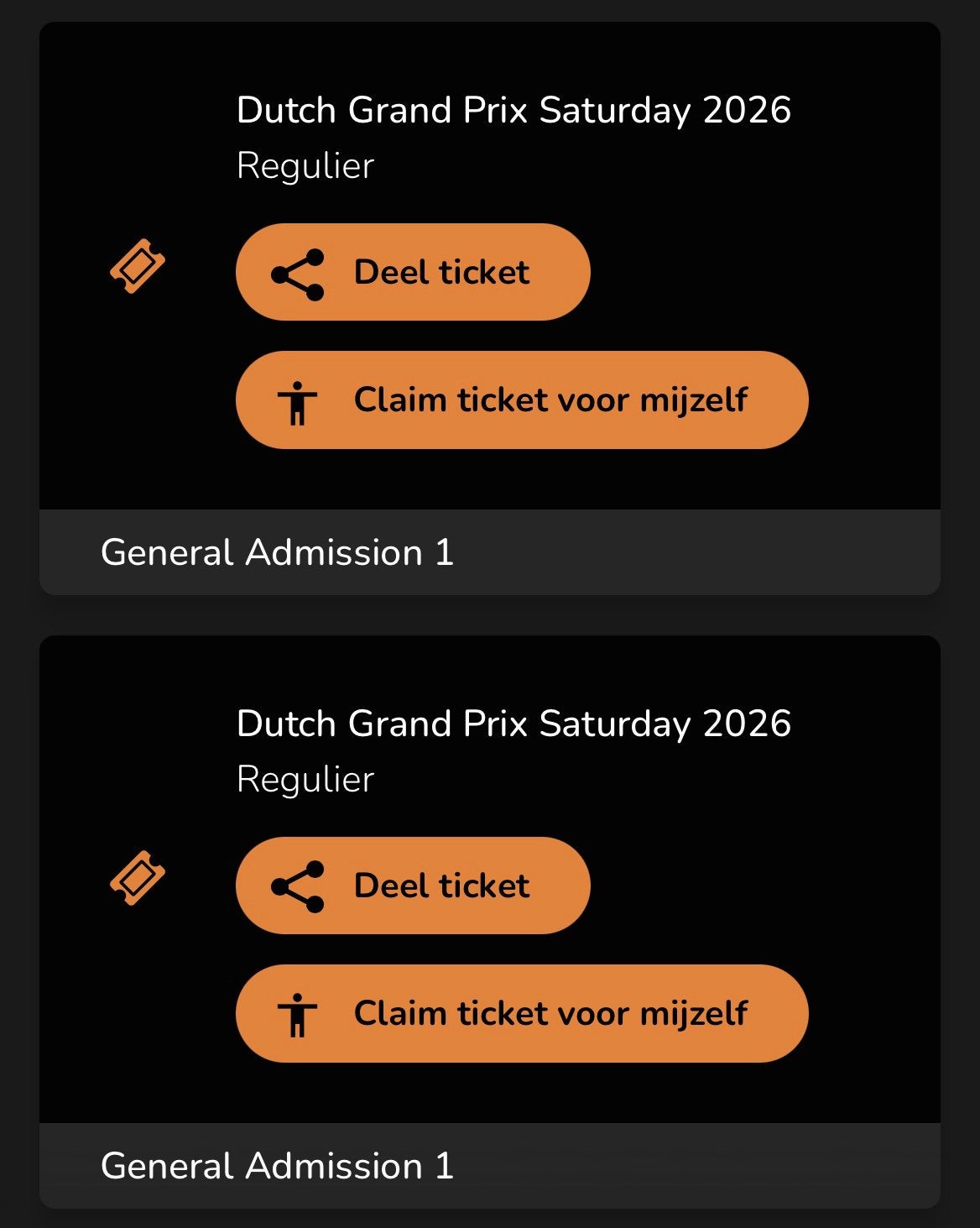 2x Ticket DutchGP F1 Zaterdag 22-8 - General Admission, Tickets en Kaartjes, Evenementen en Festivals, Twee personen