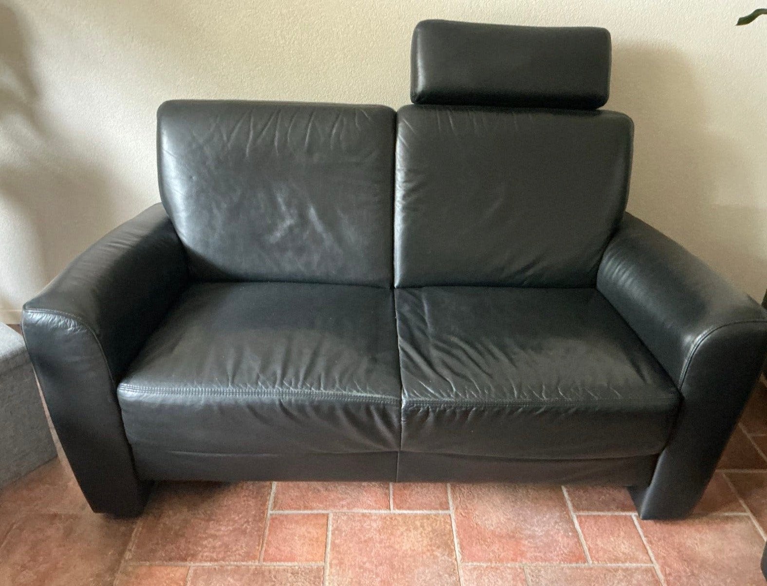 2-zits bank van leer in nachtblauw (155x85x85 cm), Ophalen, Gebruikt, 150 tot 200 cm, Tweepersoons