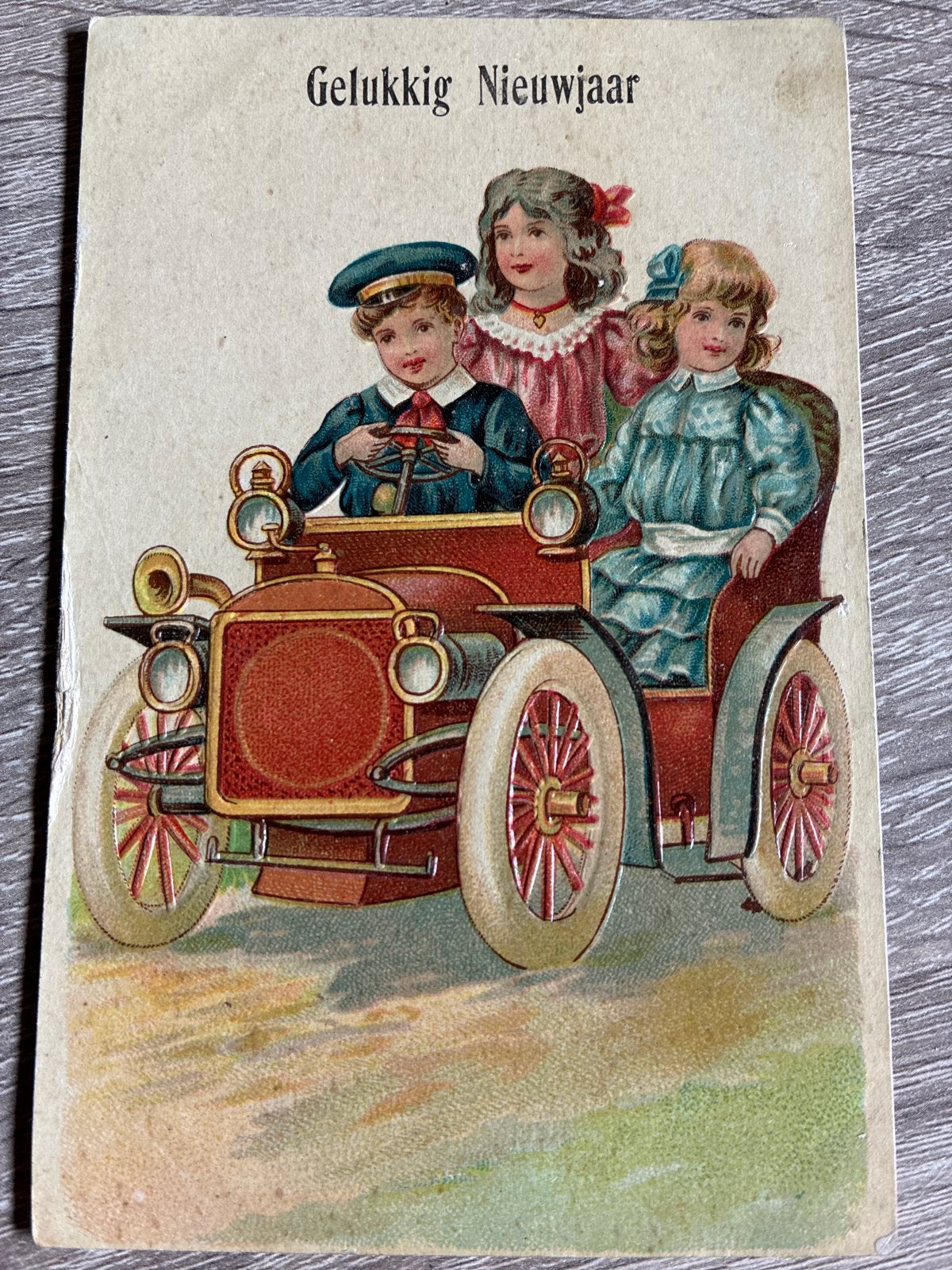 Antieke Nieuwjaarskaart: Kinderen in Auto 1910, Ophalen of Verzenden, Voor 1920, Gelopen, Noord-Holland