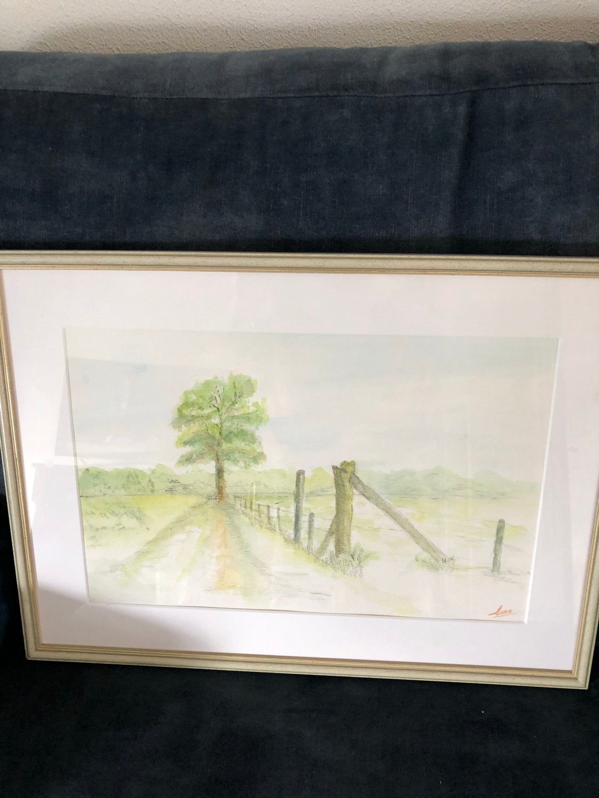 Sfeervolle Aquarel: Landschap met Boom en Hek in Lijst, Ophalen, Tekening, Aquarel, Achter glas