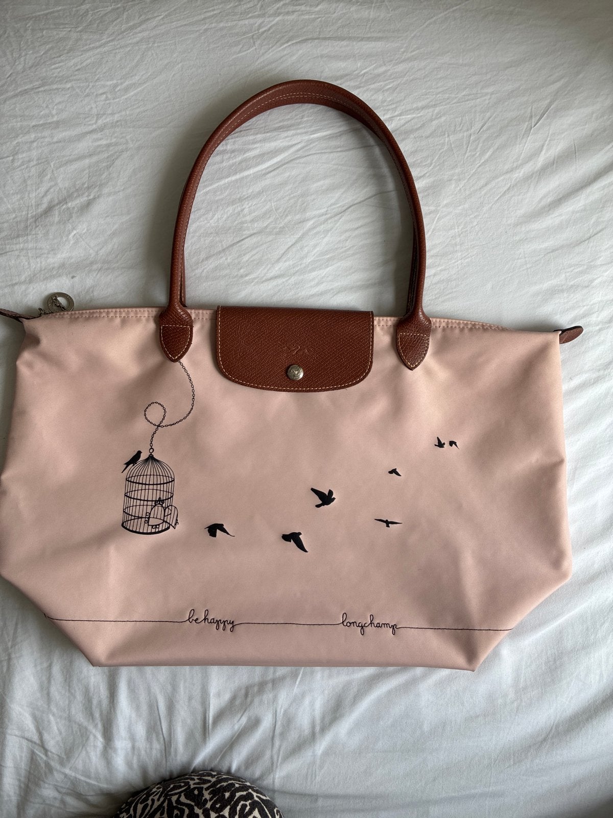 Longchamp Le Pliage Tas Large - Roze met vogelprint, Ophalen of Verzenden, Zo goed als nieuw, Roze, Shopper