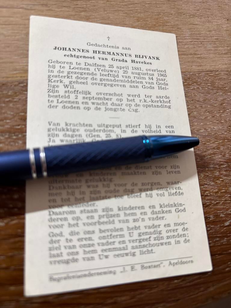 Bijvank Johannes 1881 Dalfsen 1965 Loenen x Havekes, Ophalen of Verzenden, Bidprentje