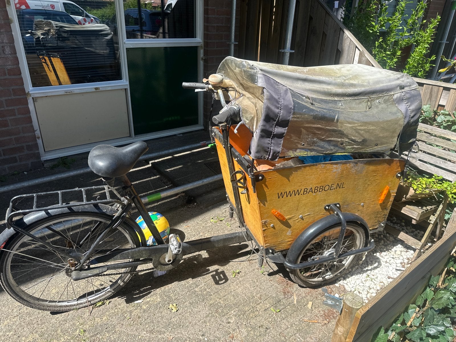 Babboe bakfiets met huif, Fietsen en Brommers, Fietsen | Bakfietsen, Terugtraprem, Gebruikt, Huif, 2 kinderen