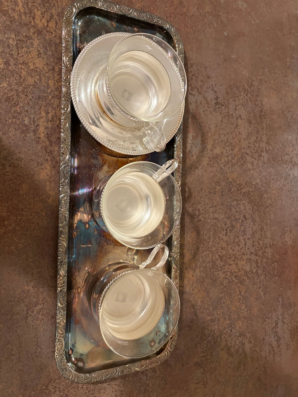 Vintage Glazen Kopjes met Zilveren Schotels en Dienblad, Antiek en Kunst, Ophalen of Verzenden