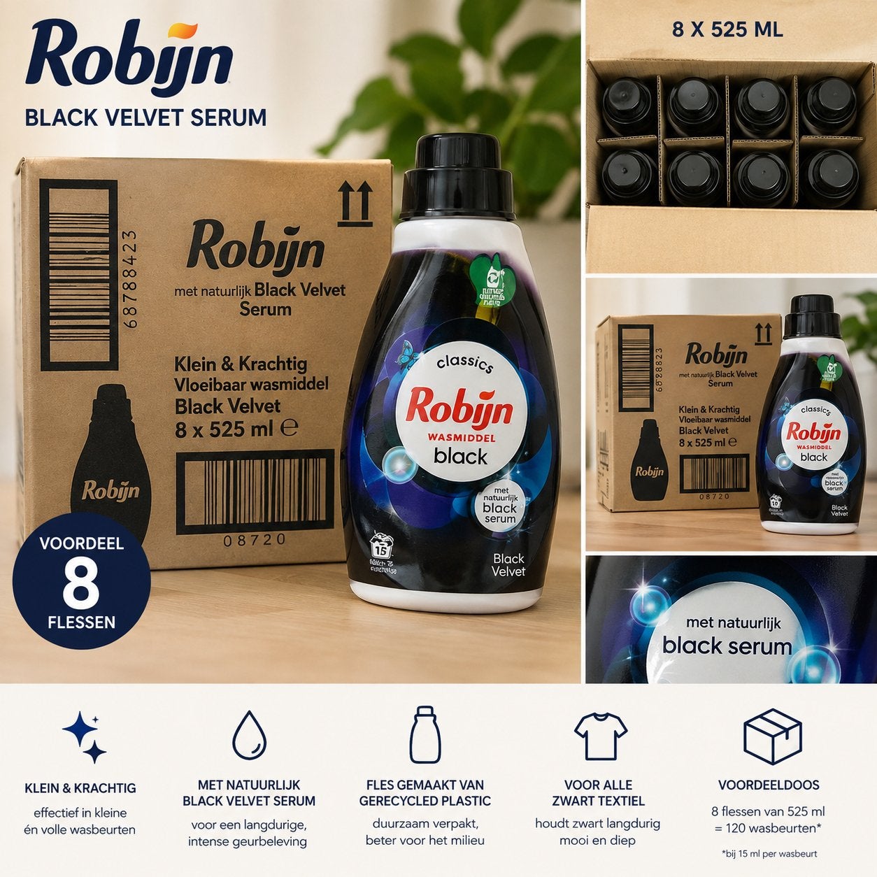 Robijn Black Velvet Serum Wasmiddel - 8 x 525 ml Voordeel, Huis en Inrichting, Ophalen of Verzenden, Schoonmaakmiddel