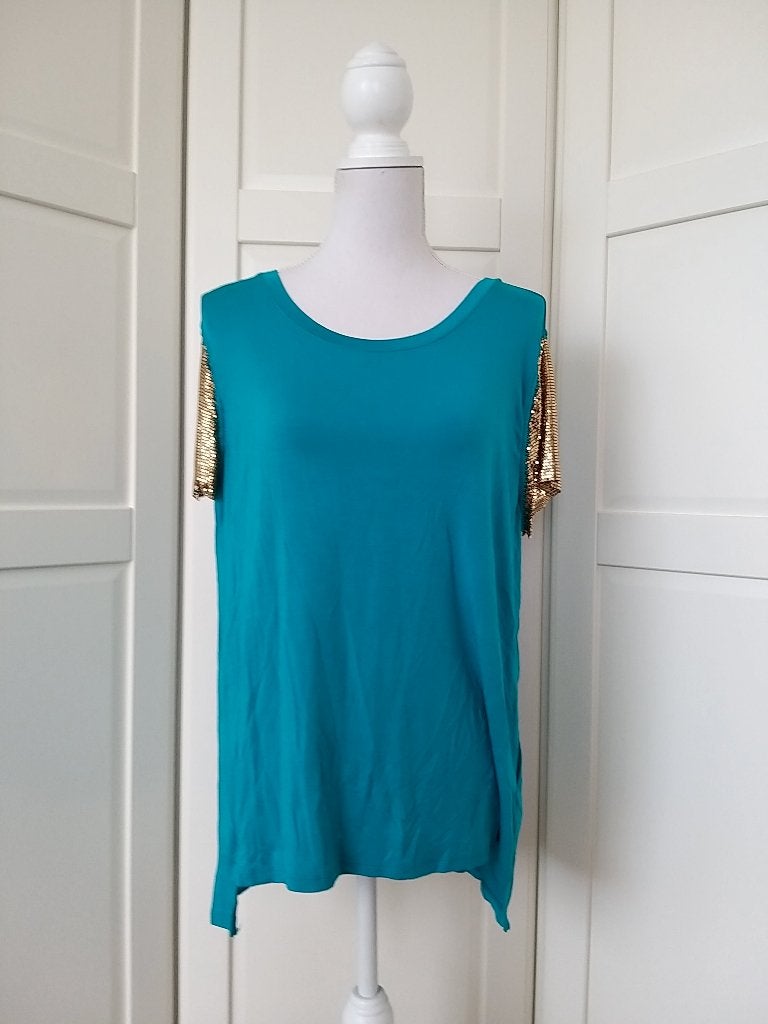 Michael Kors turquoise gouden mouwtjes top, maat L, Michael Kors, Blauw, Maat 42/44 (L), Ophalen of Verzenden