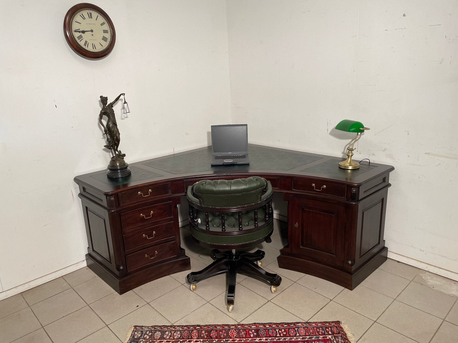Mahonie Hoekbureau 180x180 cm met Groen Inlegwerk, Huis en Inrichting, Ophalen, Hout, 180 cm, Hoekbureau