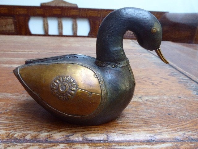 Vintage houten eend met messing, Ophalen of Verzenden