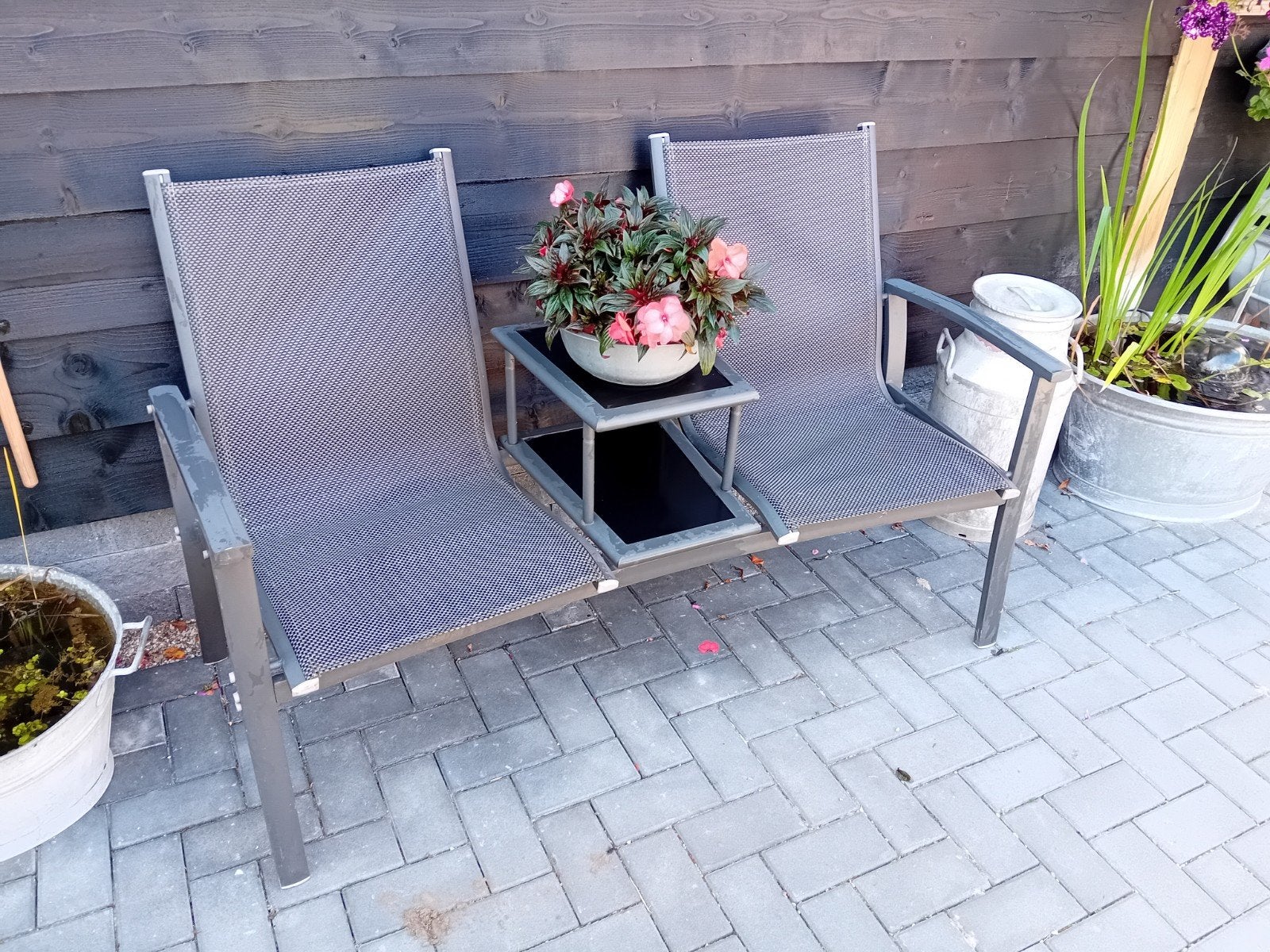 Tuinbank met tafeltje - Grijs, Tuin en Terras, Tuinbanken, Ophalen, Gebruikt, Aluminium
