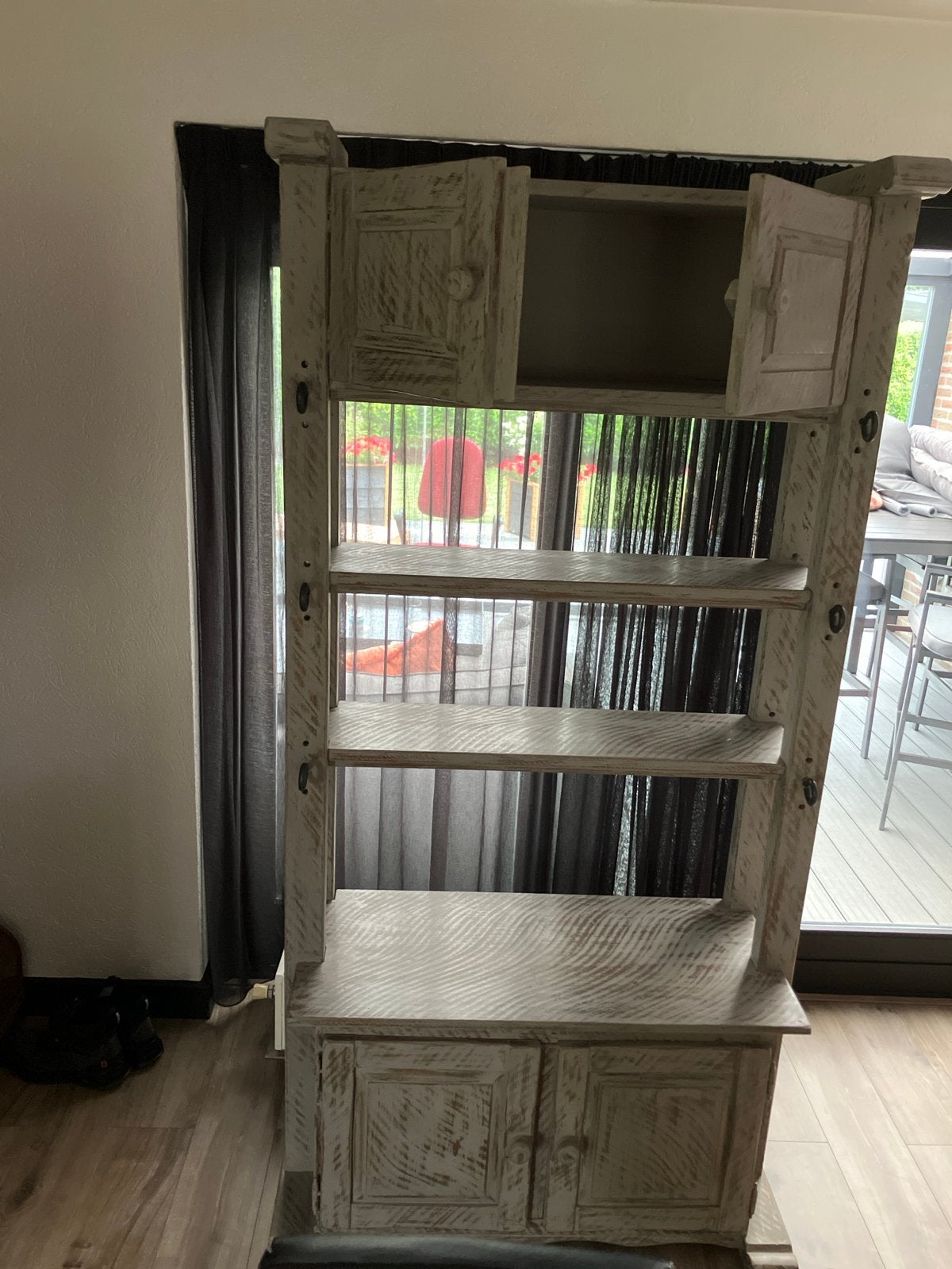 Massief eiken kast, grijs/wit krijtverf, doorgescheurd effec, Ophalen, Gebruikt, 100 tot 150 cm, 200 cm of meer
