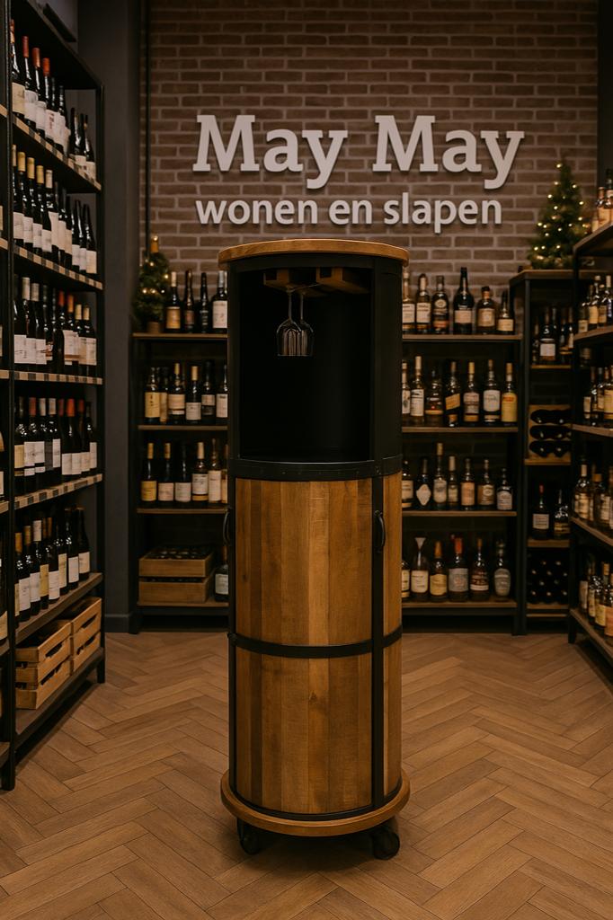 Wijnkast industrieel mango metaal op wielen Direct/Leverbaar, Ophalen, 5 tot 15 flessen, Nieuw, Mwonenenslapen