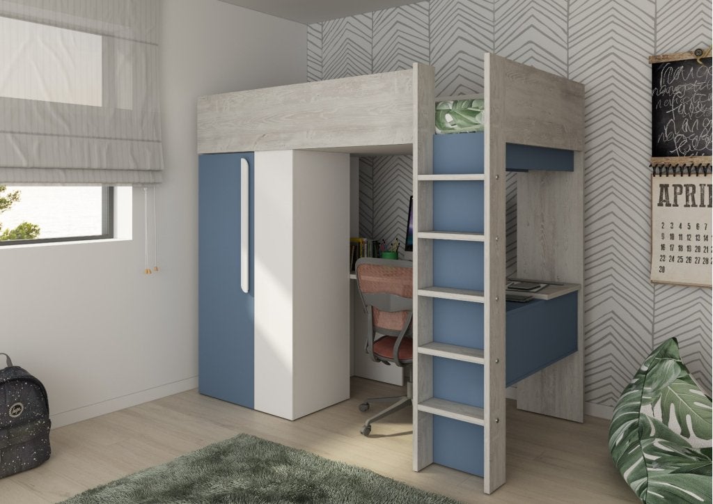 Studio 1809 hoogslaper met bureau en kast  - 90x200 - Blauw, Niet ingevuld, Niet ingevuld, Niet ingevuld