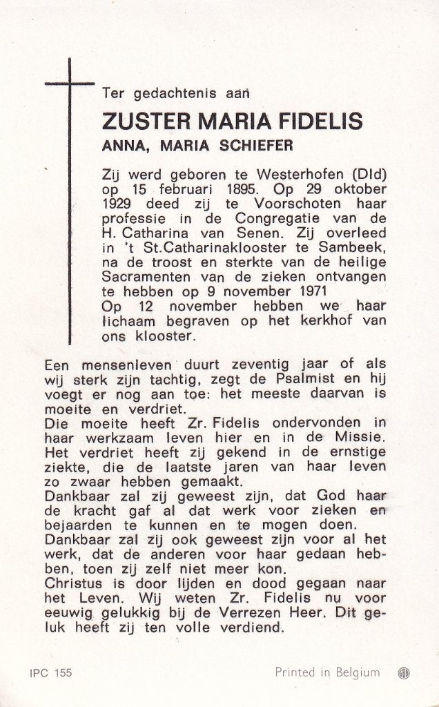 Schiefer Anna 1895 Westerhofen 1971 Sambeek zuster, Ophalen of Verzenden, Bidprentje