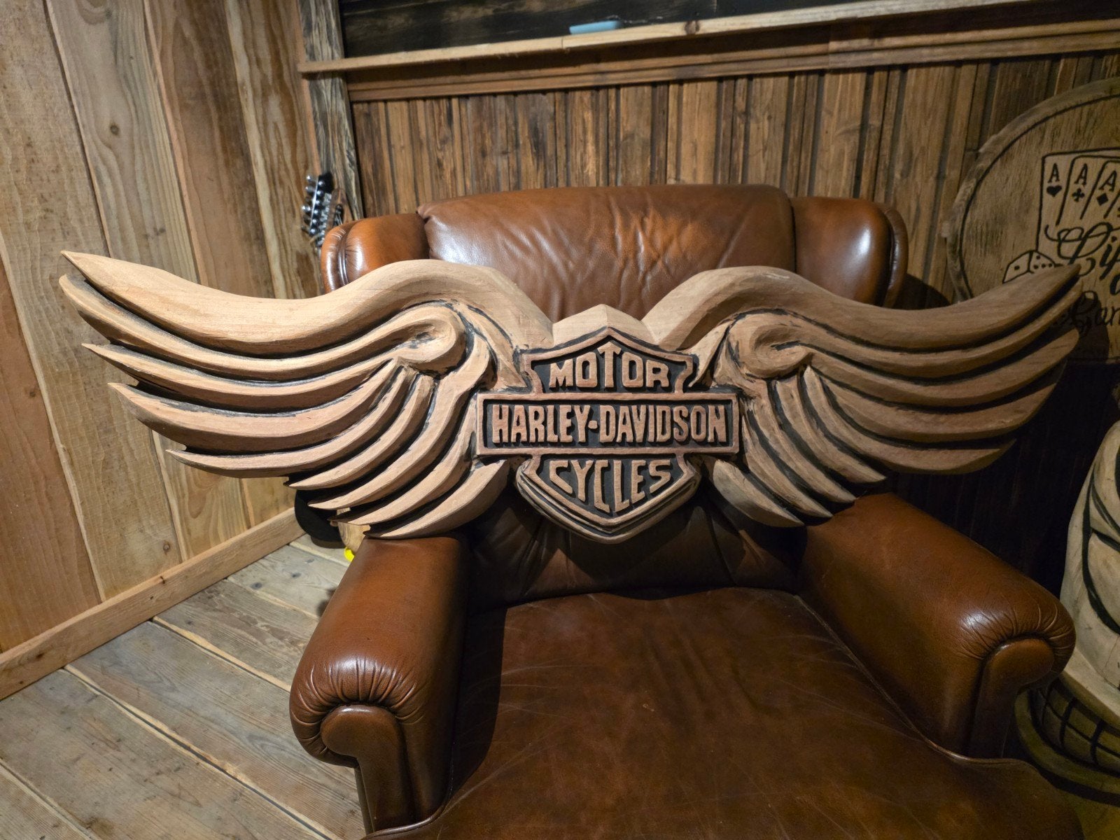 Harley Davidson wings reclamebord logo mancave bar emaille, Ophalen, Zo goed als nieuw, Reclamebord