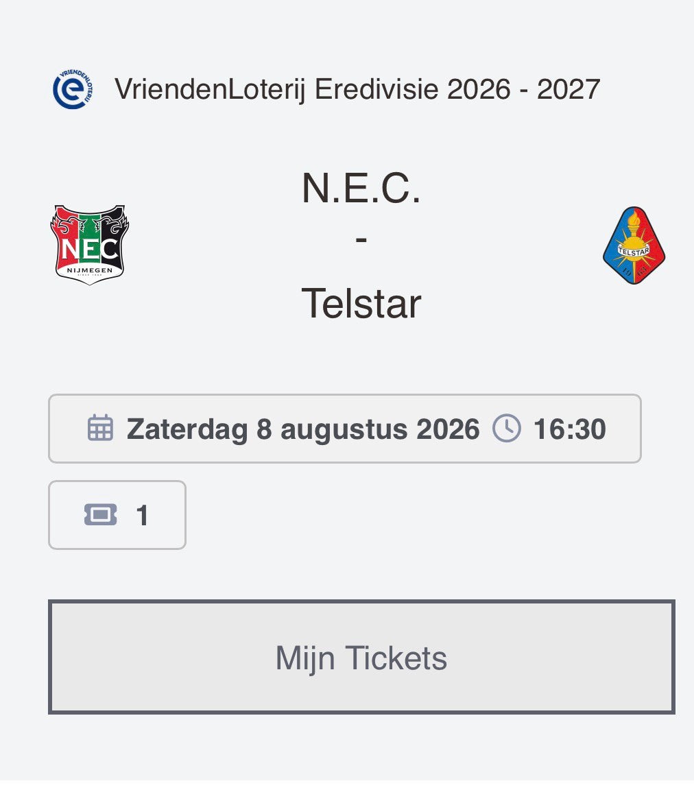 1 kaartje nec-telstar vak N, Eén persoon, Overige soorten