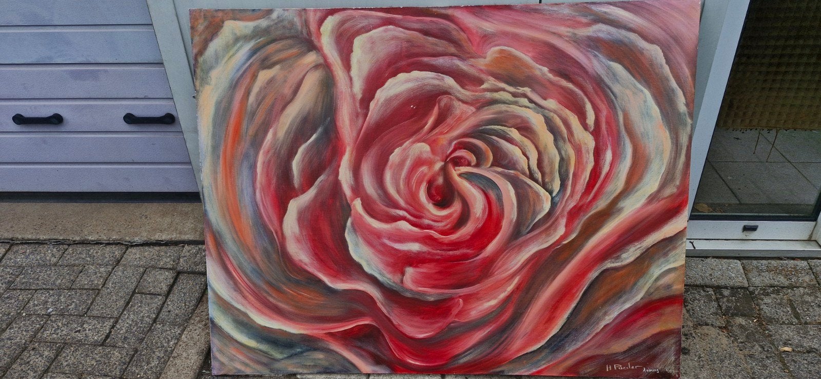 Groot schilderij 'Pioenroos' van H. Paeder, Antiek en Kunst, Ophalen