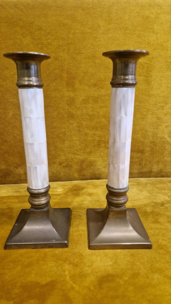 Vintage messing en parelmoer Hollywood Regency kandelaars, Ophalen of Verzenden, Koper of Brons
