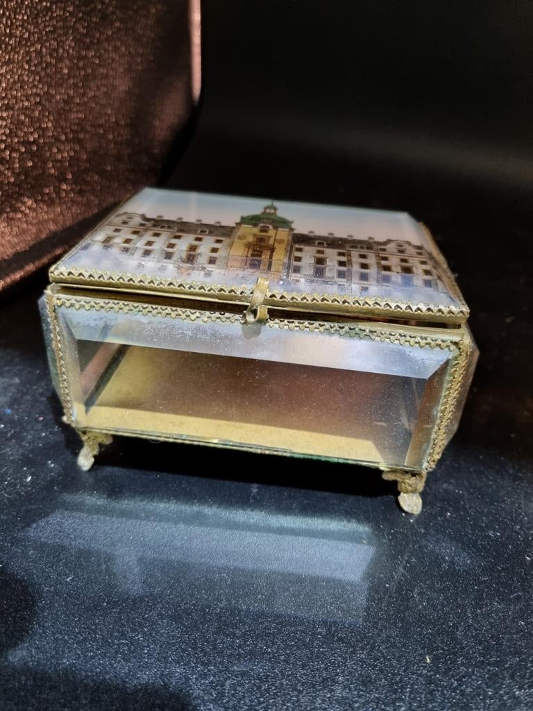 Vintage glazen sieradendoosje met paleisafbeelding, Antiek en Kunst, Ophalen of Verzenden