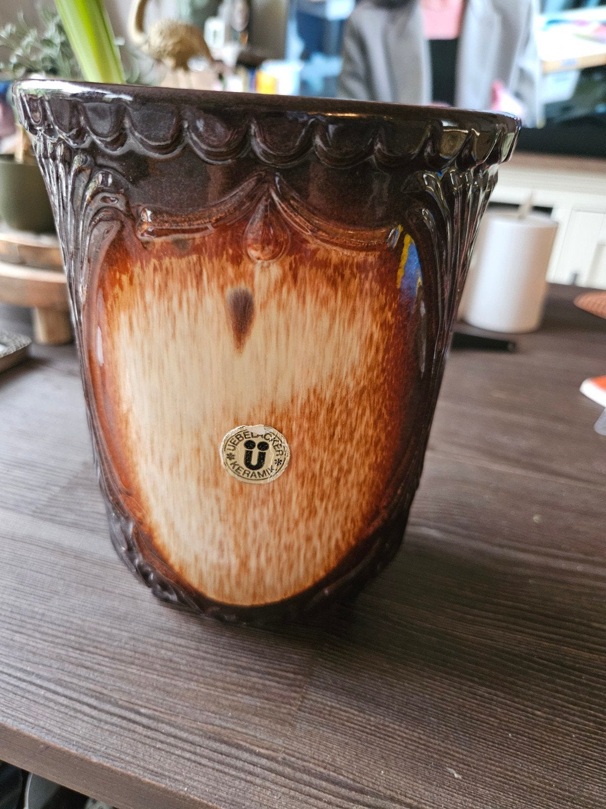 Üebelacker Keramik bloempot, bruin-beige, jaren '70, Ophalen of Verzenden