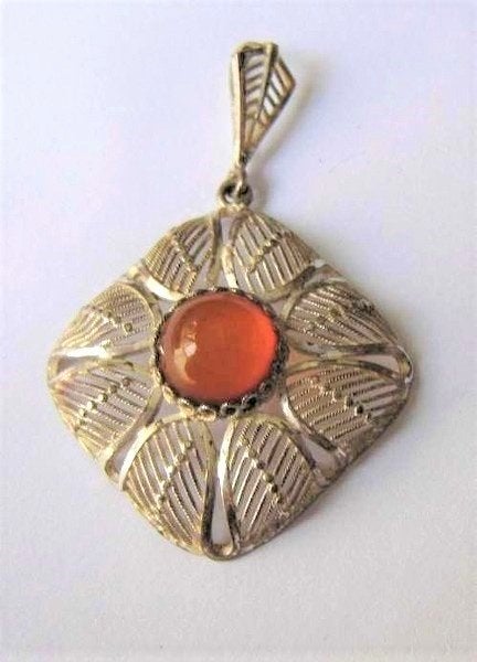 Vintage zilveren Art Deco hanger met Carneool 835 (6309- 318, Ophalen, Zo goed als nieuw, Zilver, Zilver
