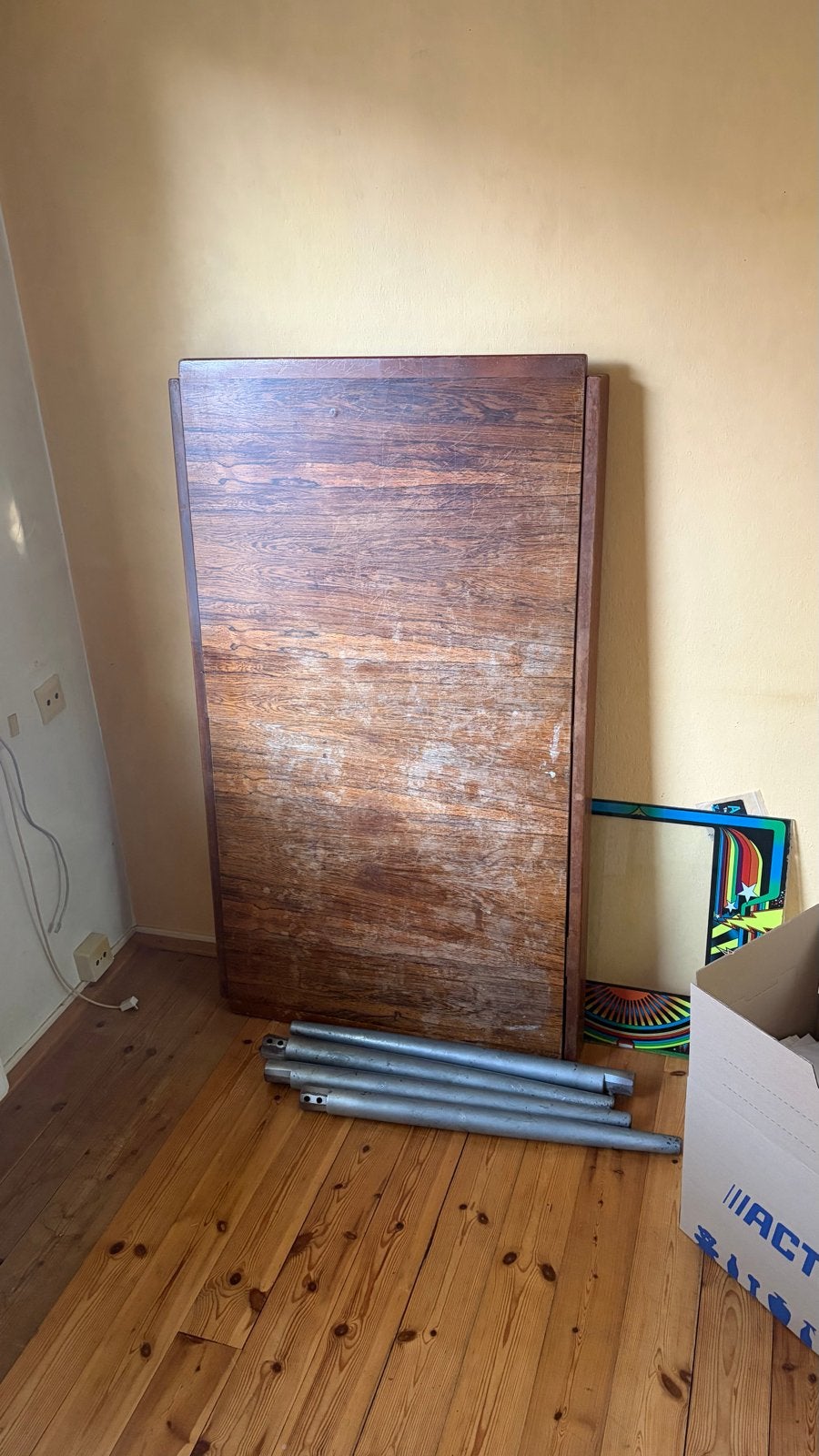 Houten tafelblad met zilver geverfde poten, Huis en Inrichting, Ophalen, Gebruikt, 100 tot 150 cm, 50 tot 100 cm