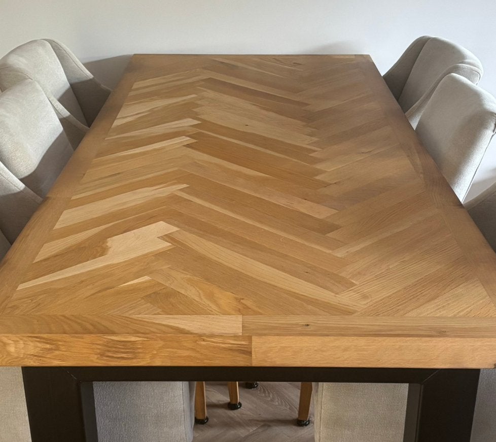 Te koop eikenhouten tafelblad, visgraat motief ingelegd., Ophalen, Gebruikt, Eikenhout, 200 cm of meer