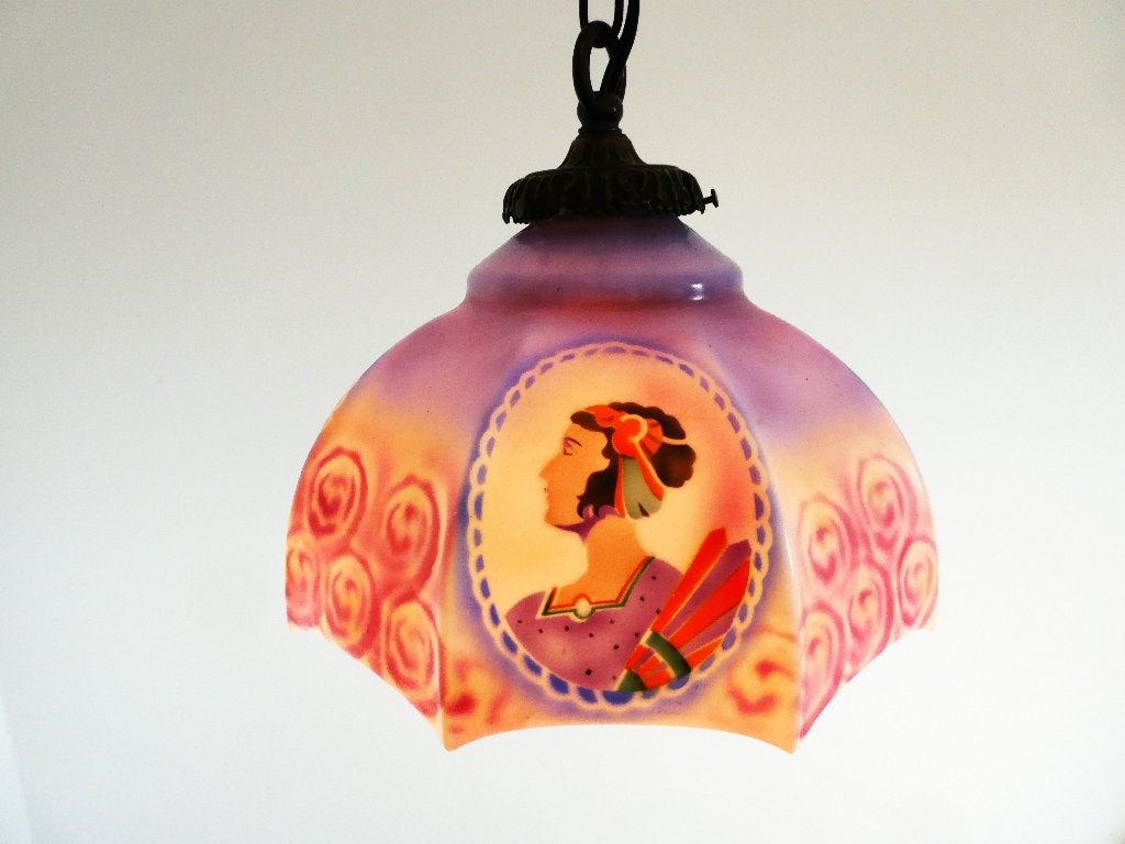 Authentieke Art Deco hanglamp met 4 Flapper Girl medaillons, Ophalen of Verzenden