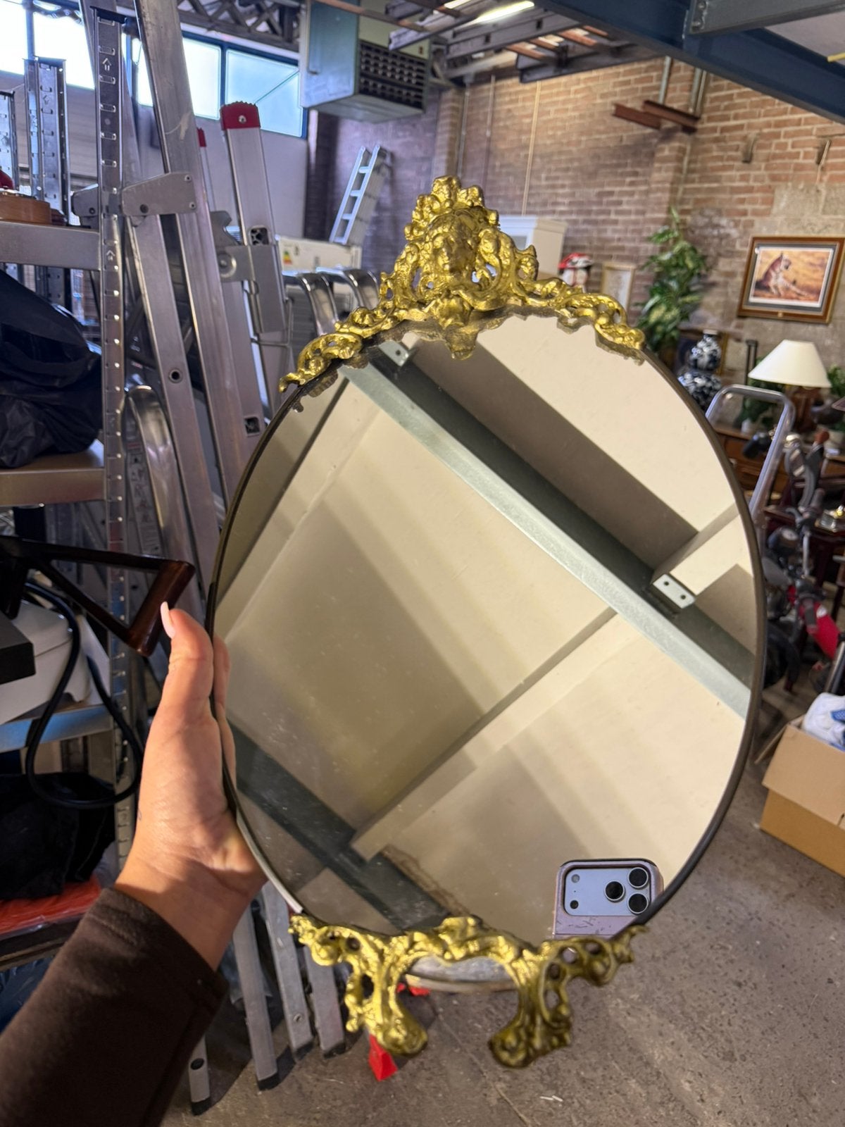 vintage ovale messing of bronzen spiegel prachtige staat, Ophalen, Minder dan 50 cm, Zo goed als nieuw, Minder dan 100 cm
