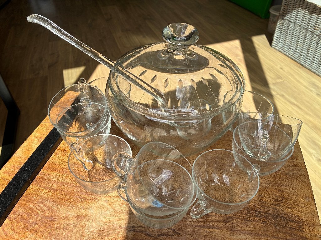 Vintage kristallen Punch Set met kom, lepel en 10 kopjes, Ophalen