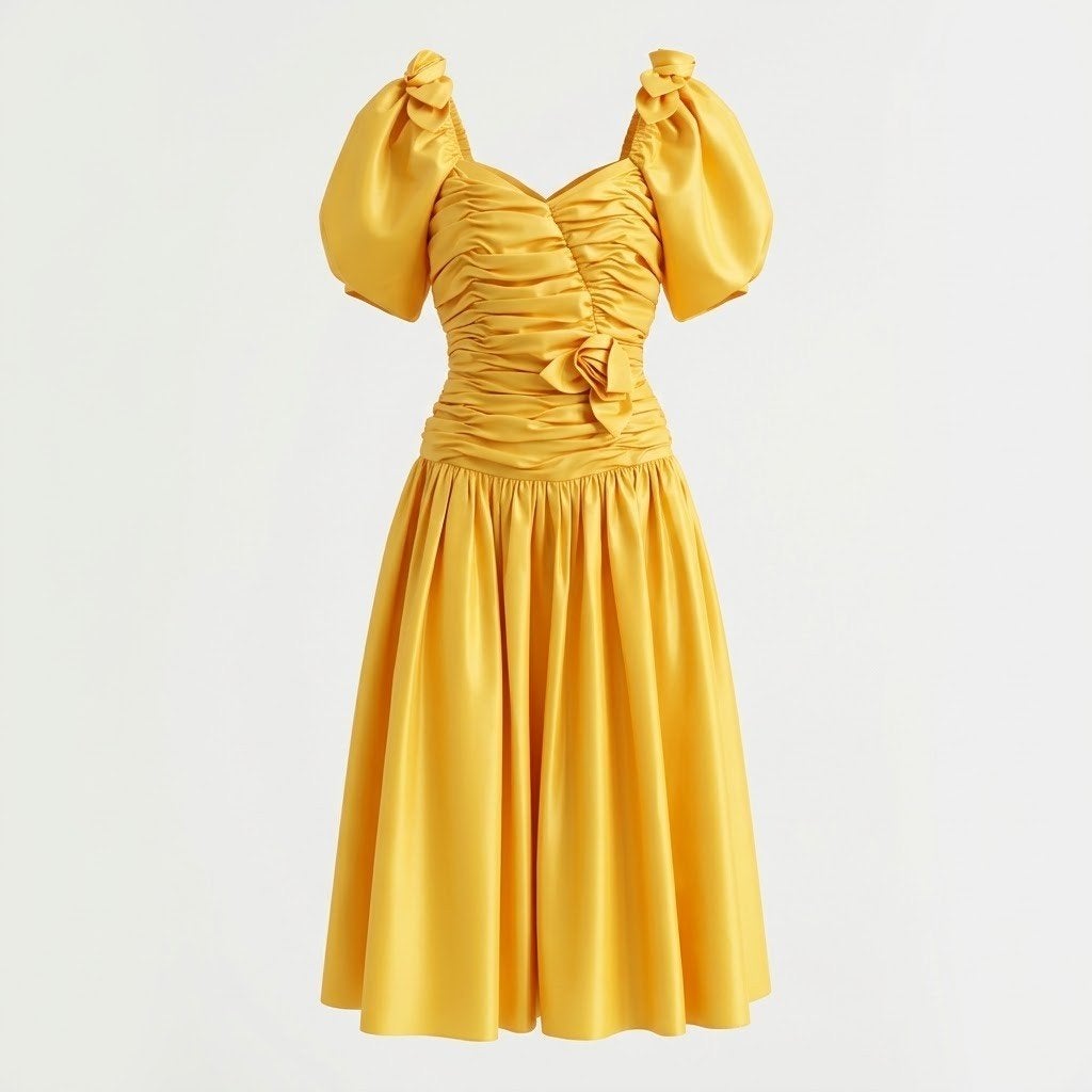 Gele vintage cocktailjurk met pofmouwen, maat 36, Geel, Cocktailjurk, Ophalen of Verzenden, Zo goed als nieuw