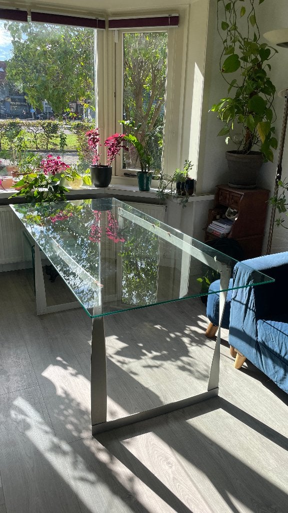GRATIS - Eettafel glas met metaal onderstel, Ophalen, Gebruikt, 50 tot 100 cm, Vijf personen of meer