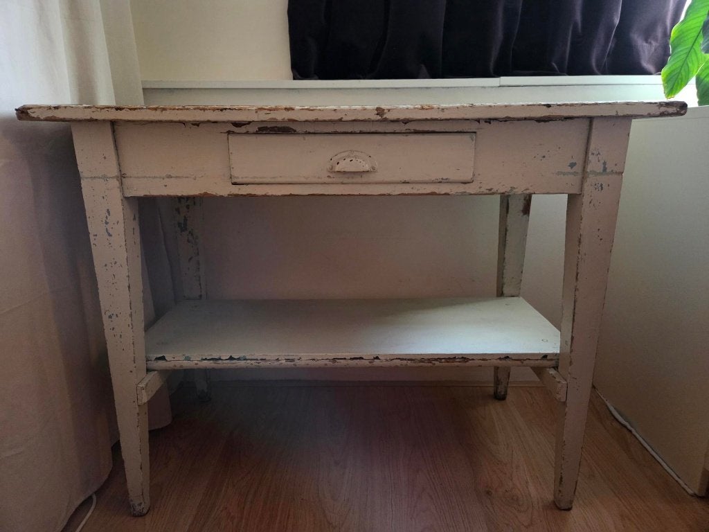 Houten brocante tafel met 2 vaks lade en extra blad, vintage, Huis en Inrichting, Ophalen, Gebruikt, 100 tot 150 cm, Overige houtsoorten