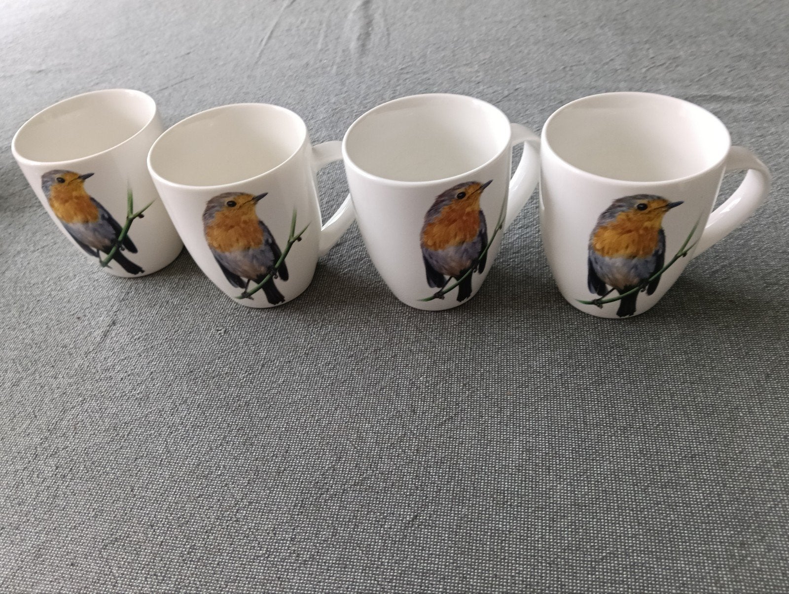 Mokken met vogelprint - set van 11 roodborstje,koolmees,mus, Gebruikt, Overige merken, Keramiek, Modern