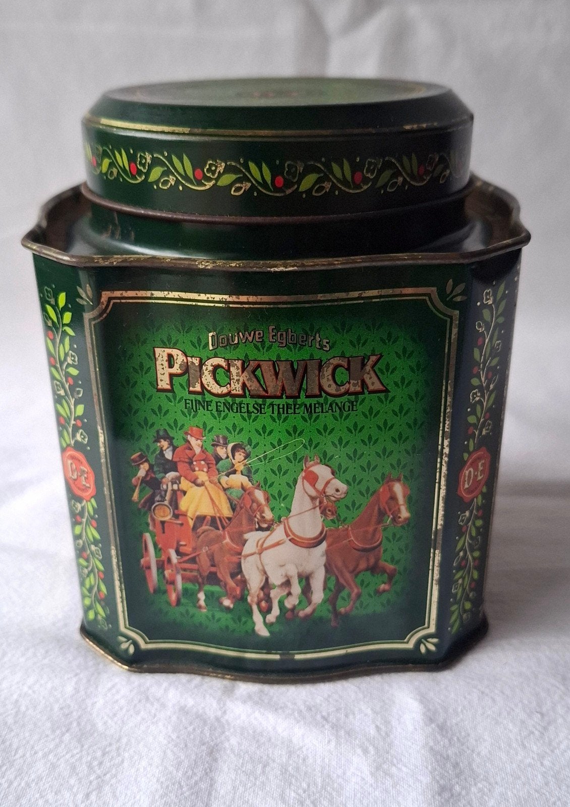 VINTAGE GROENE "PICKWICK" DOUWE EGBERTS THEE BLIK, jaren 80, Verzamelen, Ophalen of Verzenden, Gebruikt, Thee, Douwe Egberts