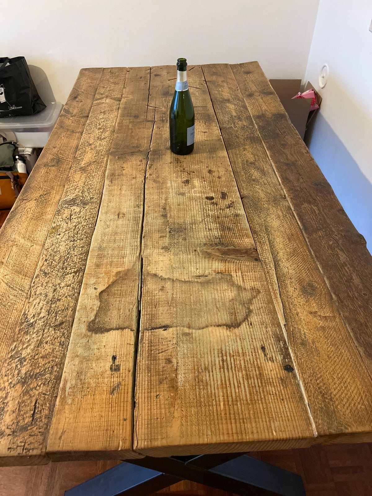 Robuuste houten eettafel met metalen onderstel, Ophalen, Gebruikt, 50 tot 100 cm, 150 tot 200 cm