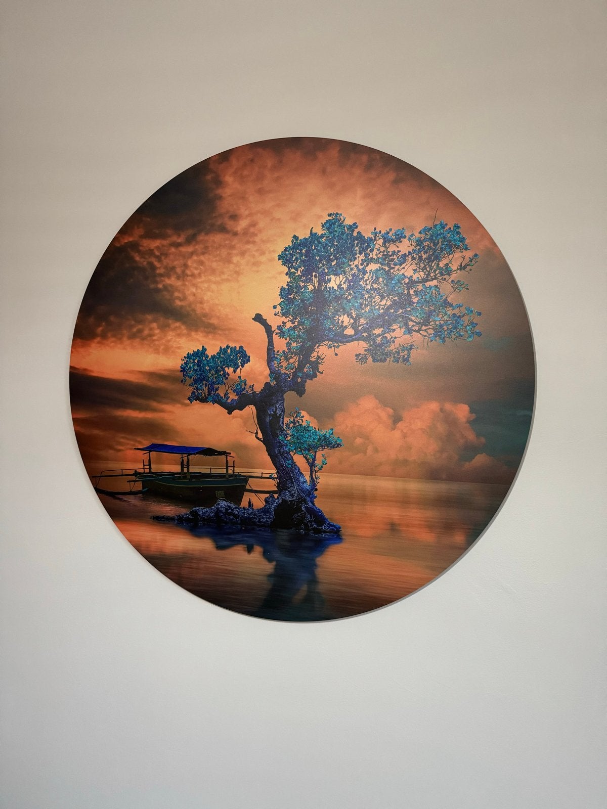 Rond Schilderij: Mysterieuze Boom bij Zonsondergang, Print, Overige materialen, Landschap, Ophalen